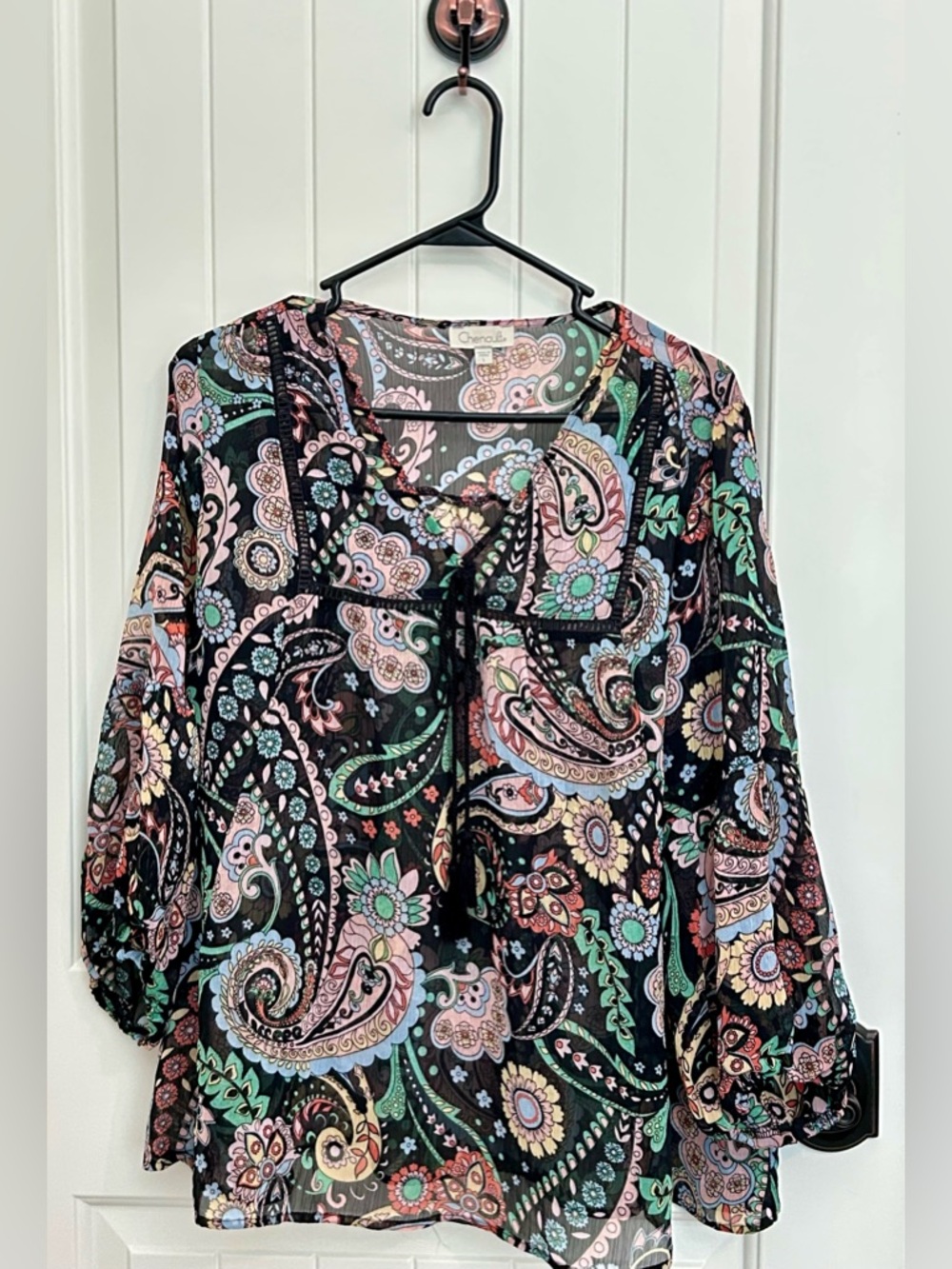 Chenault Black Paisley Tie-Neck Tunic with Pink, Green & Blue Accents
